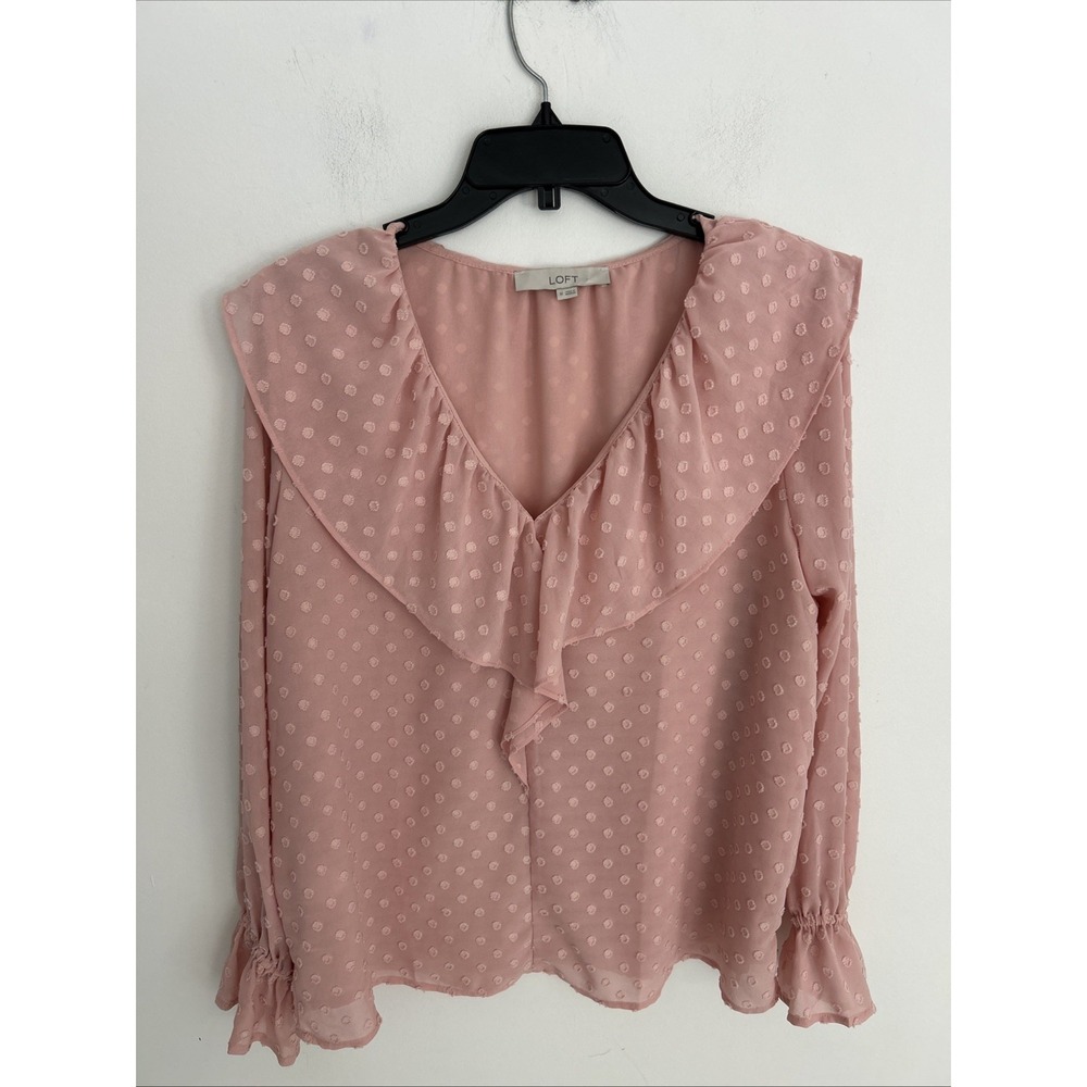 Lot Women M Blush Pink Ruffled Collar Textured Sheer Long Sleeve Romantic Blouse